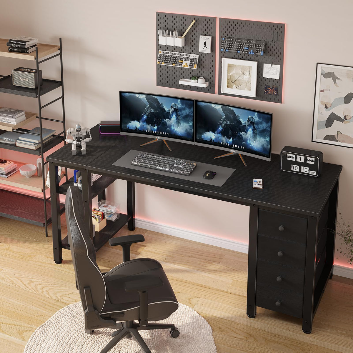 Black 55 inch Gaming Desk with 4 Drawers and Shelves A594221