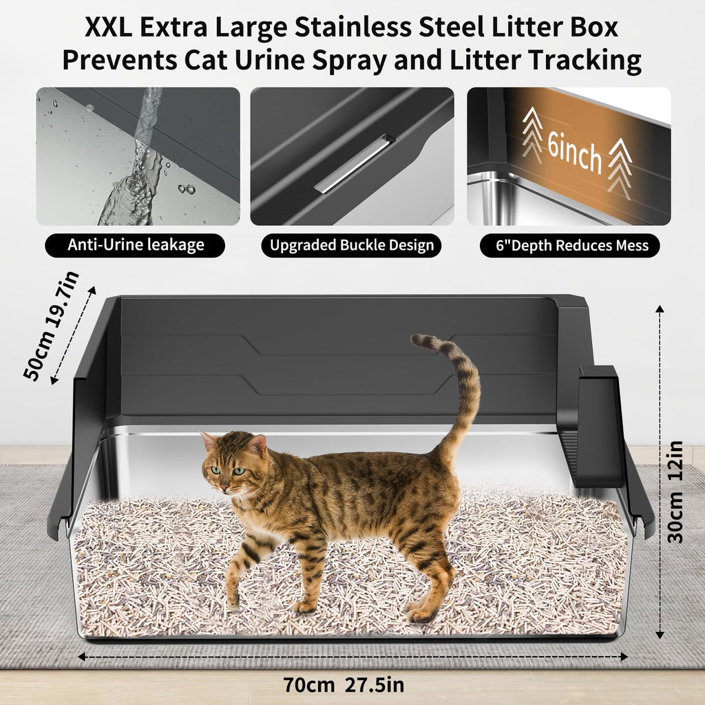 XXXL Stainless Steel Cat Litter Box with High Sides and Scoop J4639