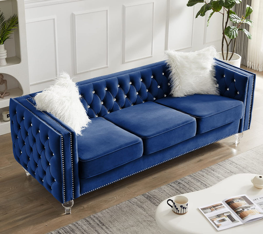 Velvet 3 Seater Sofa Couch with Nailhead and Acrylic Legs B993971