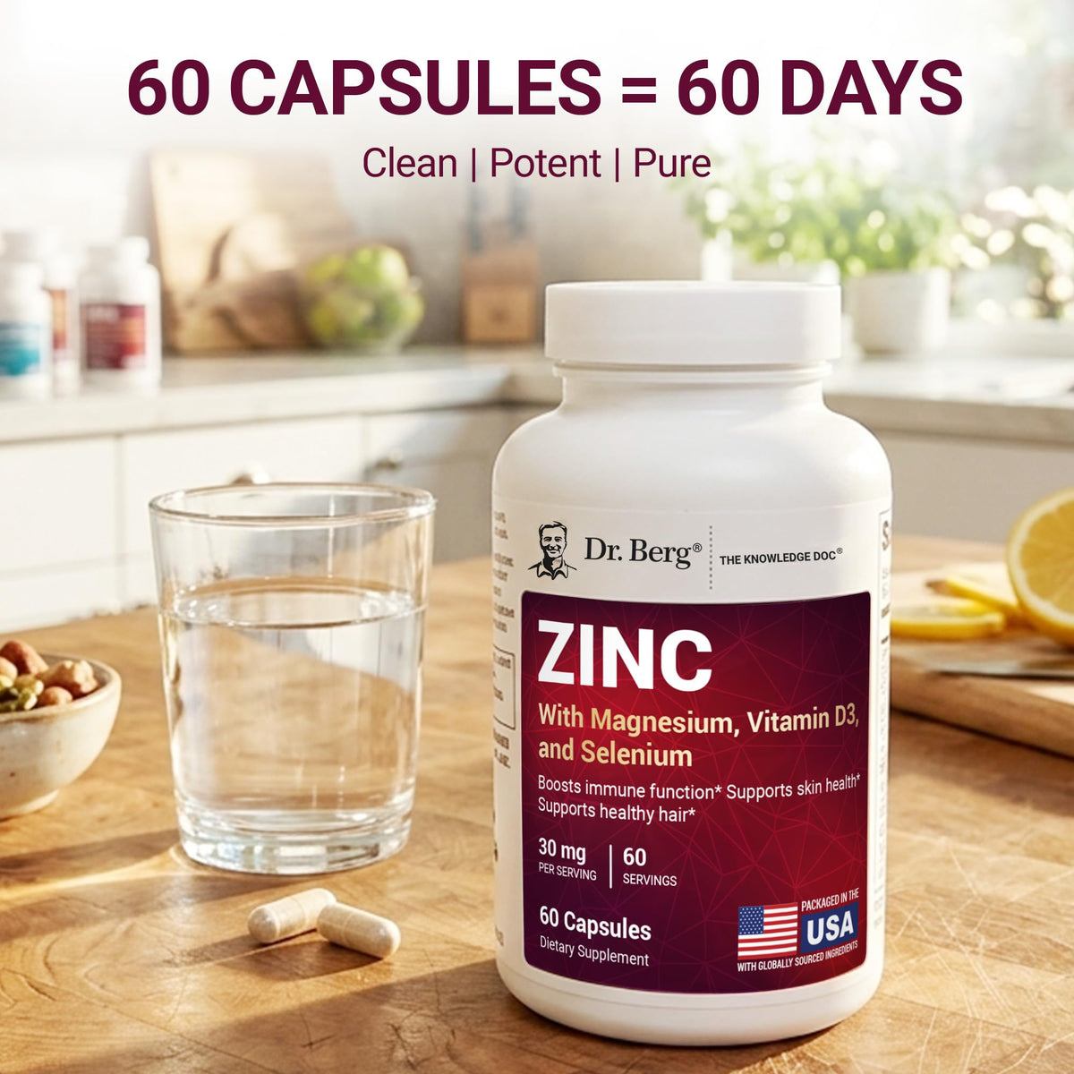 Zinc 30 mg 60 Capsules Chelated with Vitamin D & Selenium H911518