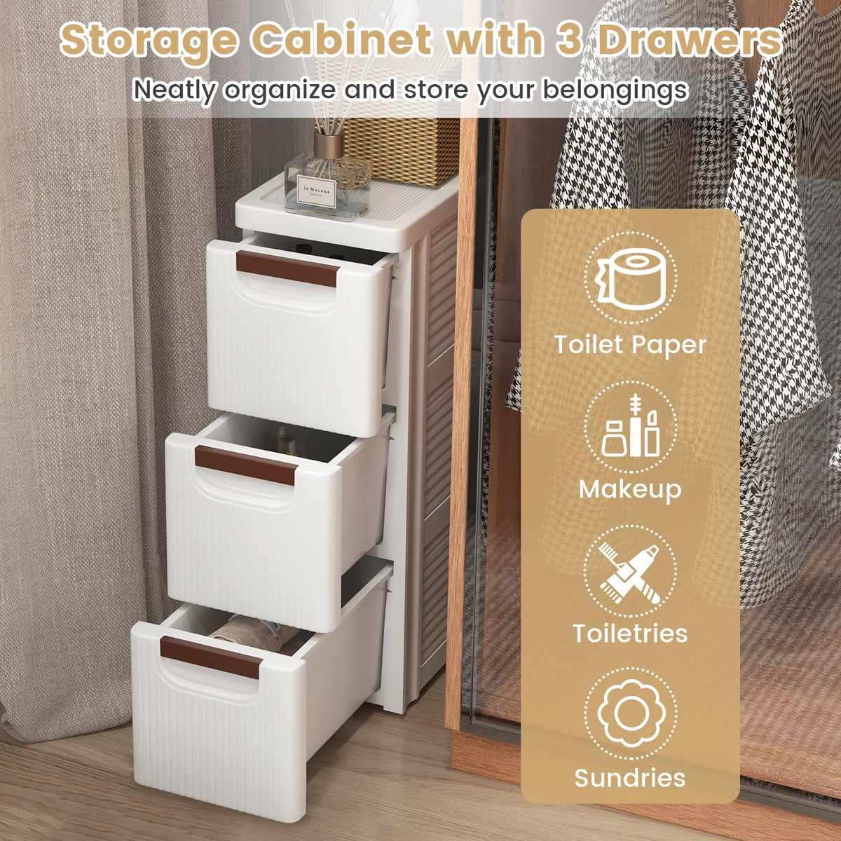 White 3 Drawer Narrow Storage Cabinet O51178