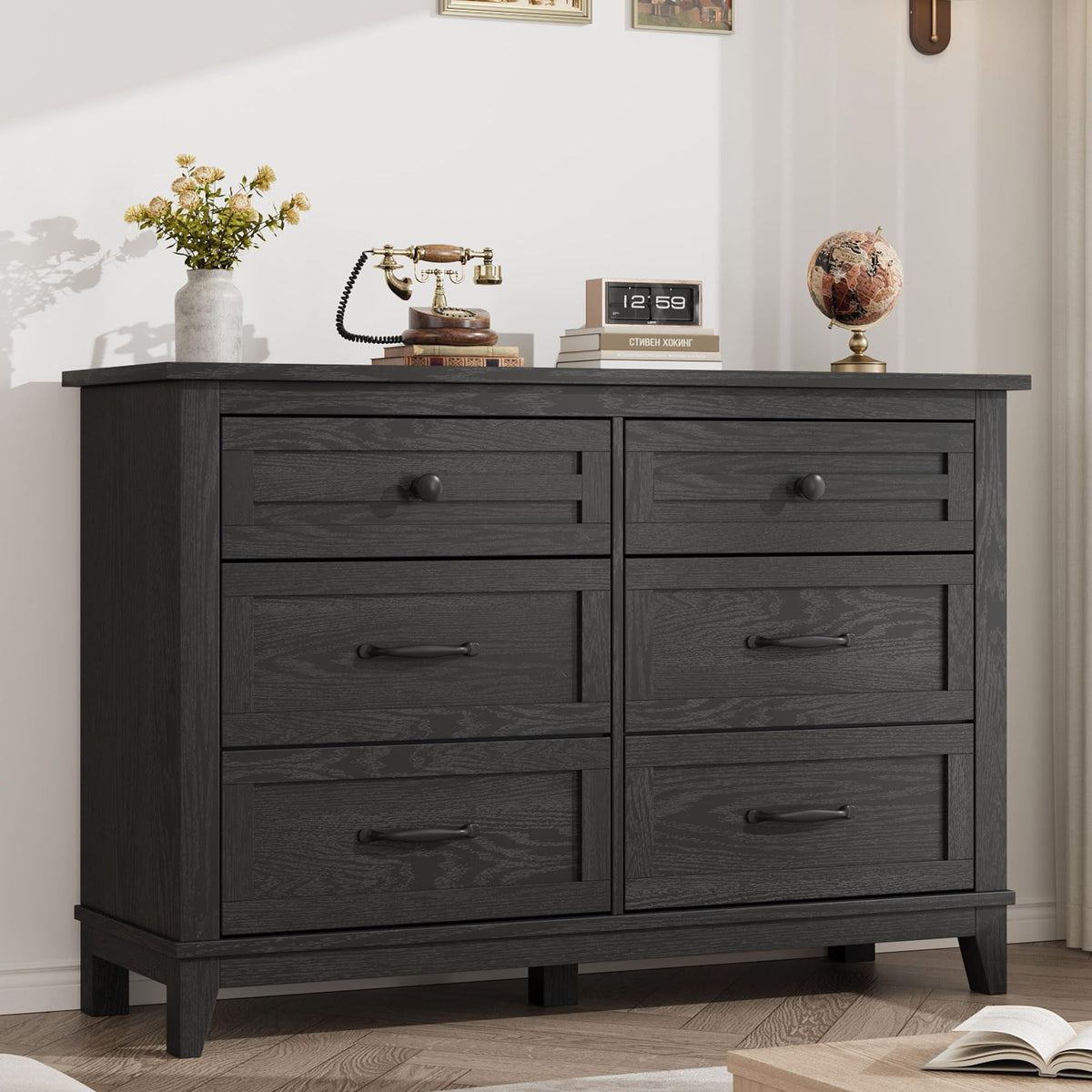 6 Drawer Wood Dresser Dark Black L555