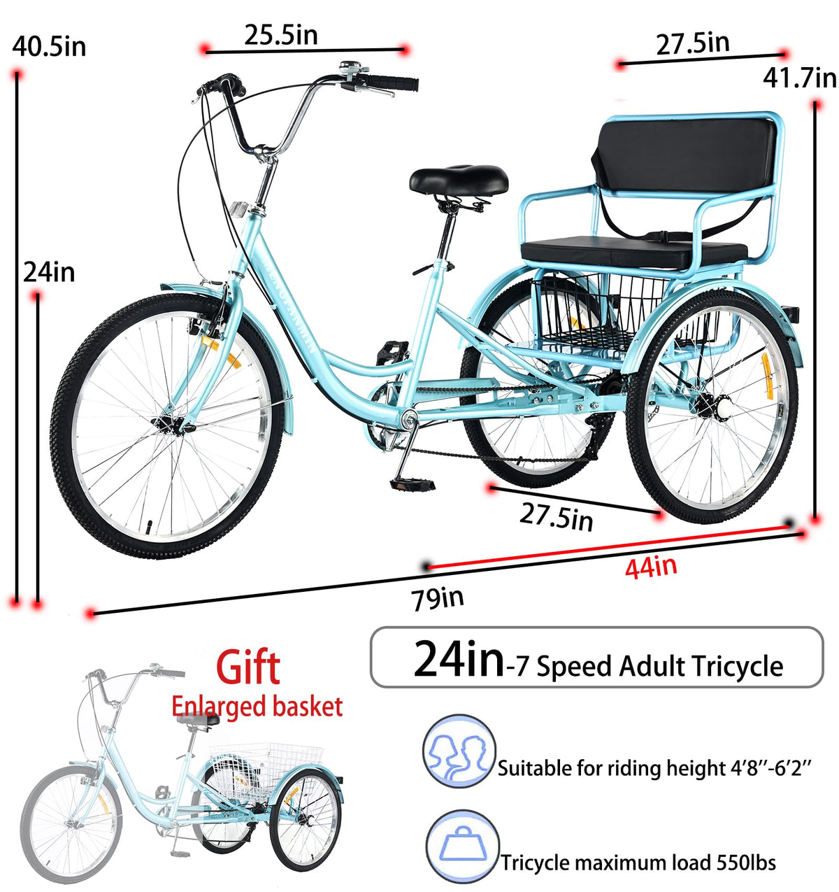 7 Speed Adult Tricycle with Child Seat and Rear Baskets U6788