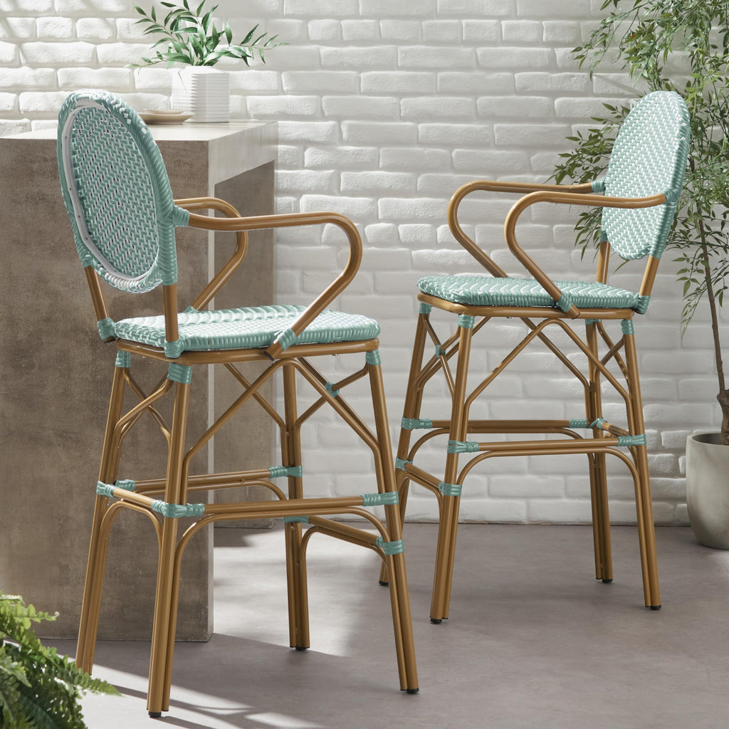 Teal Bamboo Print Wicker Aluminum Bar Stools Set of 2 D415141