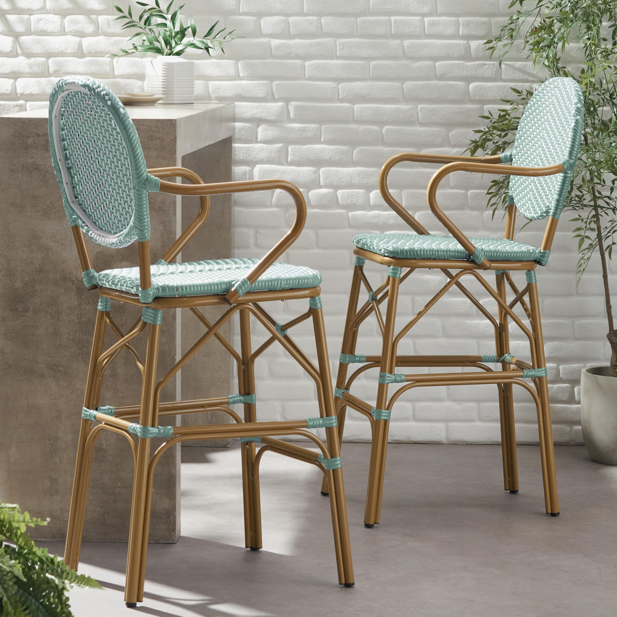Teal Bamboo Print Wicker Aluminum Bar Stools Set of 2 D415141