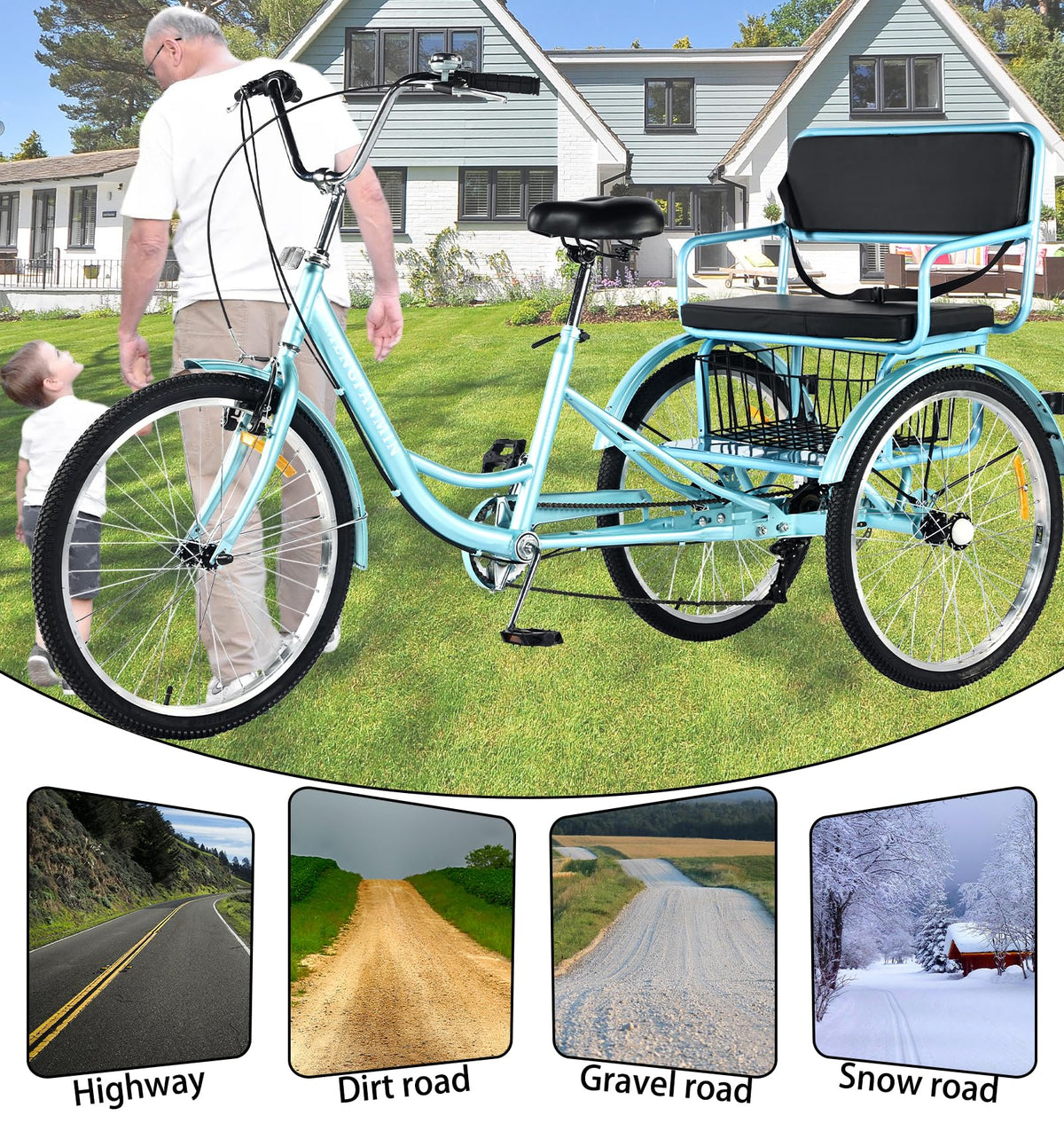 7 Speed Adult Tricycle with Child Seat and Rear Baskets U6788