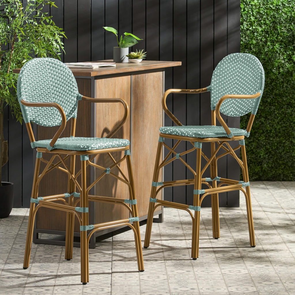 Teal Bamboo Print Wicker Aluminum Bar Stools Set of 2 D415141