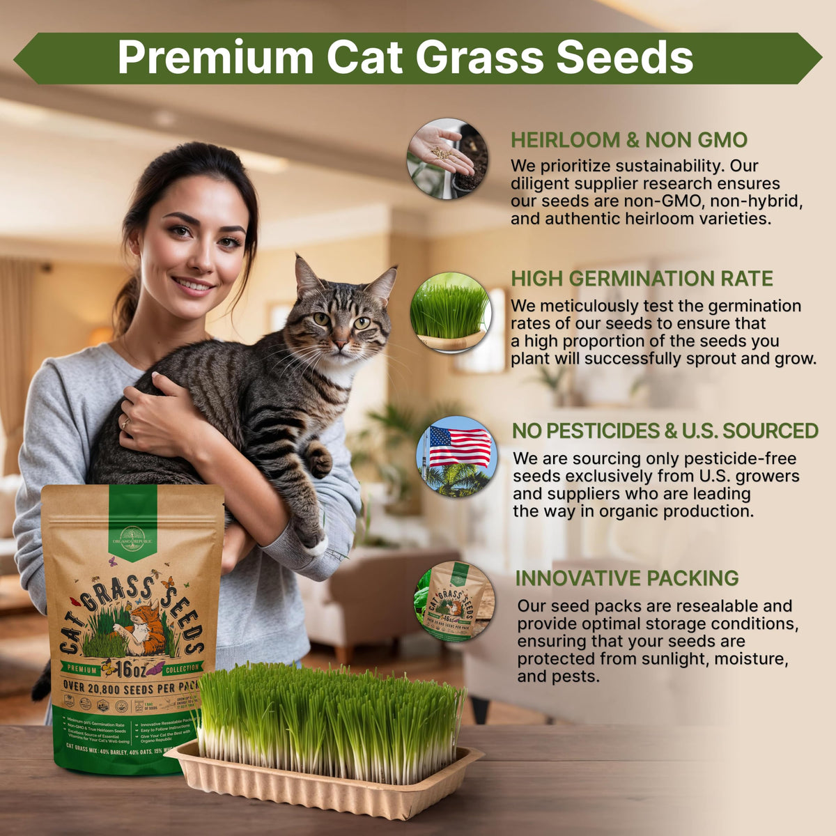 Cat Grass Seeds Mix 16 oz Non-GMO Heirloom N480439