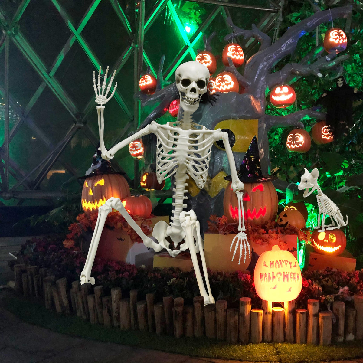 5.4Ft Posable Halloween Skeleton with Dog Cat Skeleton W457