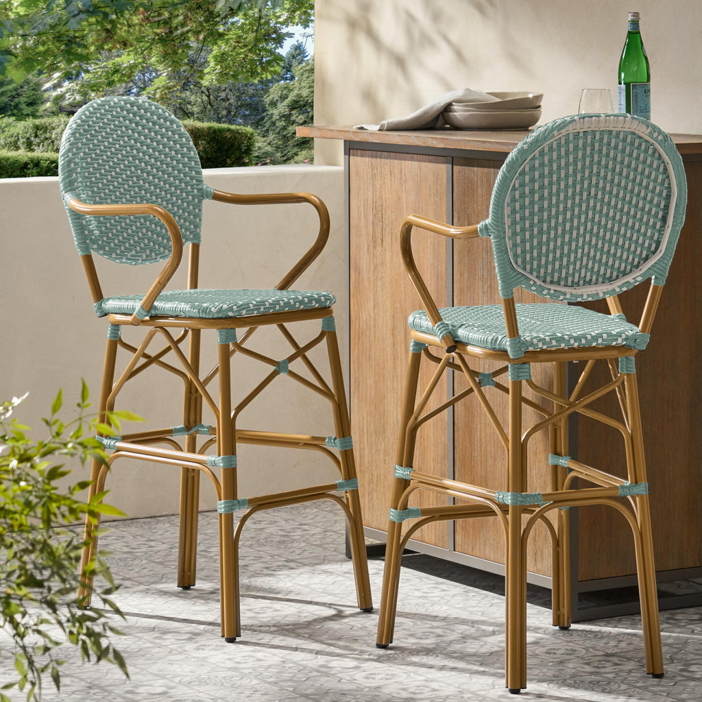 Teal Bamboo Print Wicker Aluminum Bar Stools Set of 2 D415141