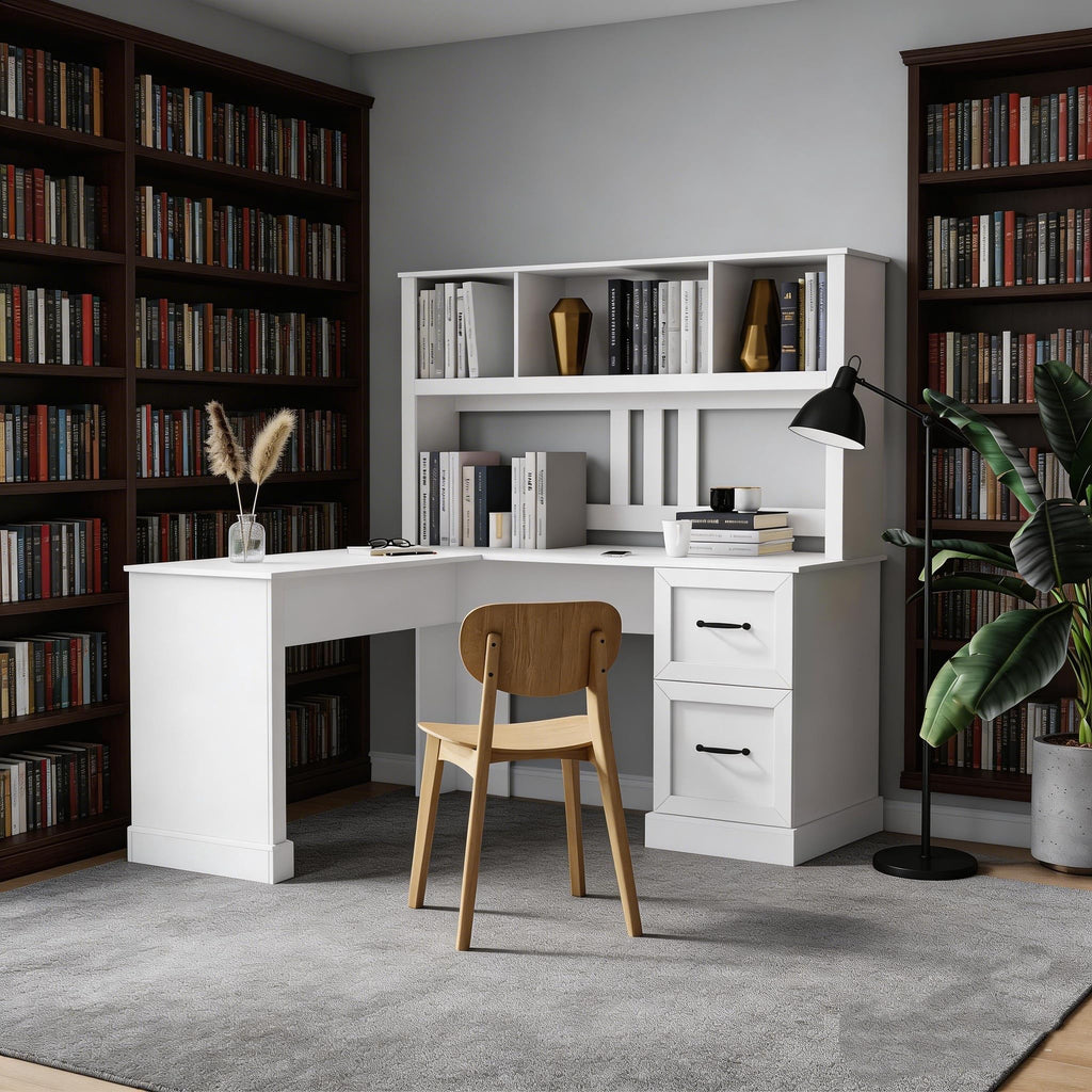 L Shaped Desk with Hutch, Drawer & Shelves, White Z41957