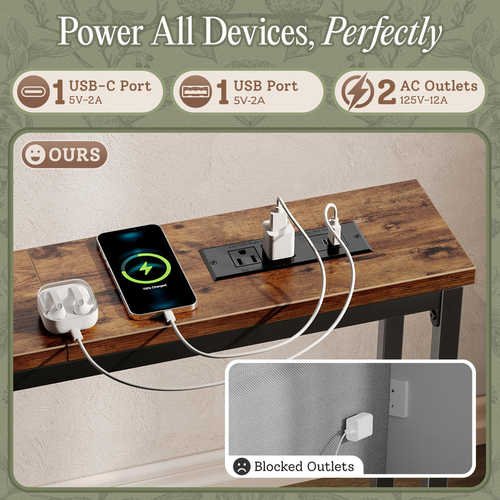 110.2 Inch Narrow Sofa Table with Power Outlets and USB-C Ports C90743