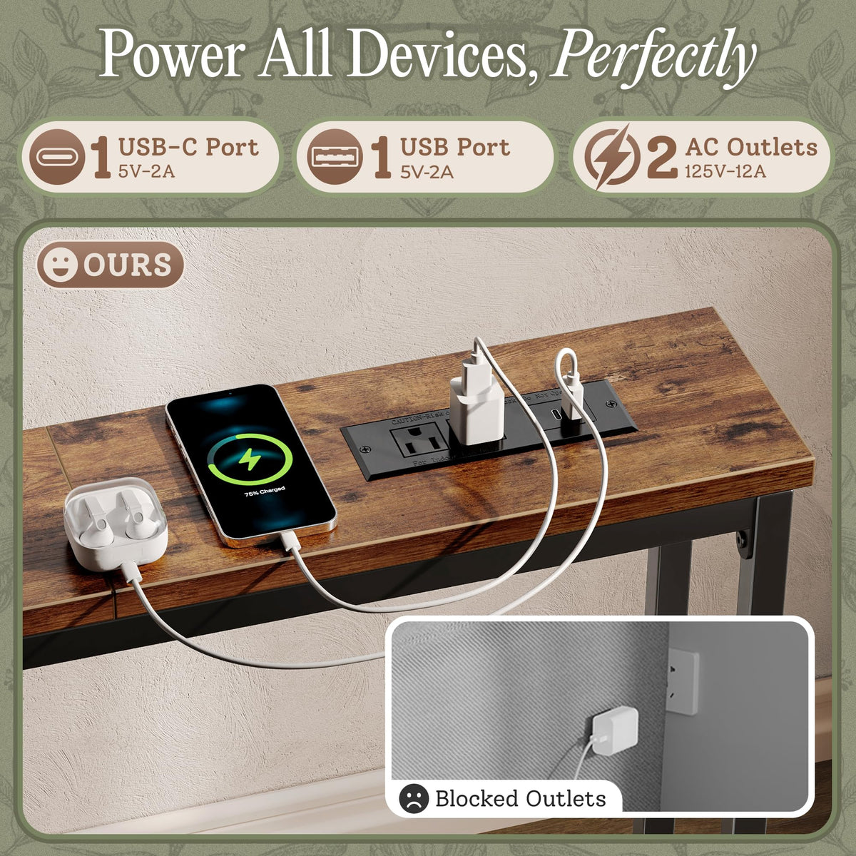 110.2 Inch Narrow Sofa Table with Power Outlets and USB-C Ports C90743