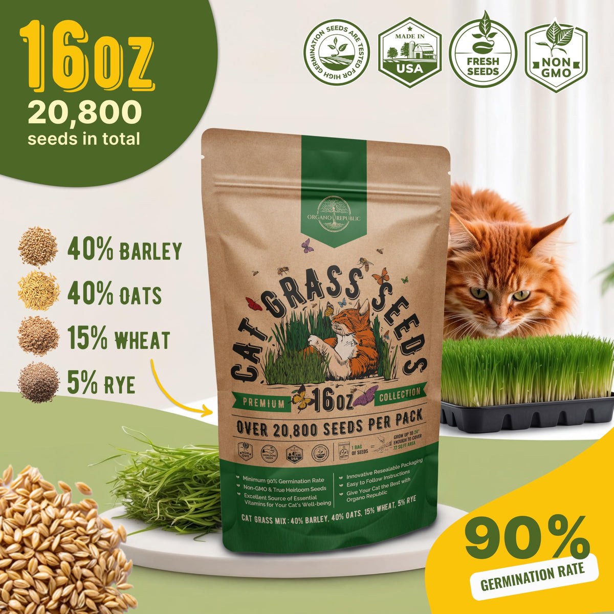 Cat Grass Seeds Mix 16 oz Non-GMO Heirloom N480439